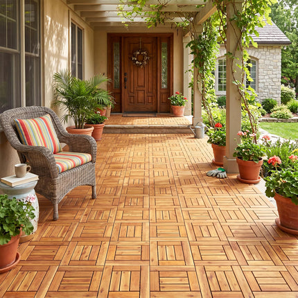Goplus 27/54-Pack Acacia Wood Deck Tiles 12" x 12" Interlocking Floor Tiles for Patio(Boardwalk)