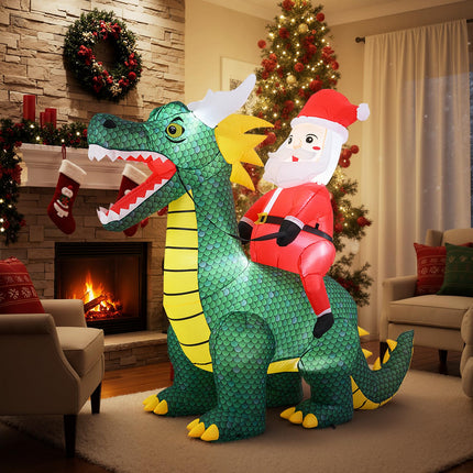 Goplus 6.7 FT Blow up Christmas Santa Claus Riding Dinosaur Decoration with Lights Stakes