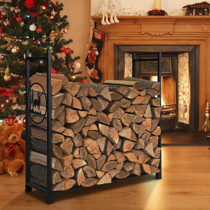 Goplus Firewood Rack Outdoor, 4 FT Metal Log Storage Rack with Mesh Sides & Base