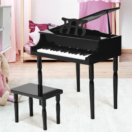 Goplus 30-Key Classical Kids Piano, Mini Grand Piano Wooden Learn-to-Play Musical Instrument Toy with Bench (4 Straight Leg-Black)