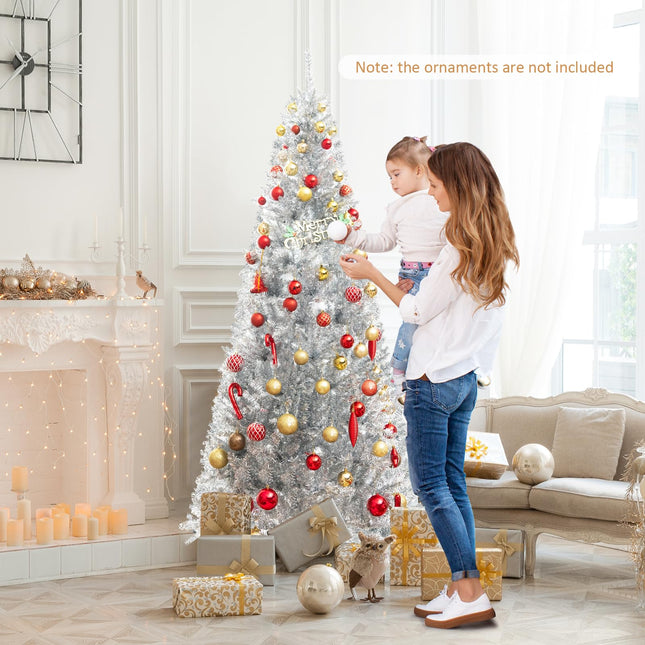 Goplus 6ft Pre-lit Silver Pencil Christmas Tree, Artificial Tinsel Electroplated Tree, Decor for Home