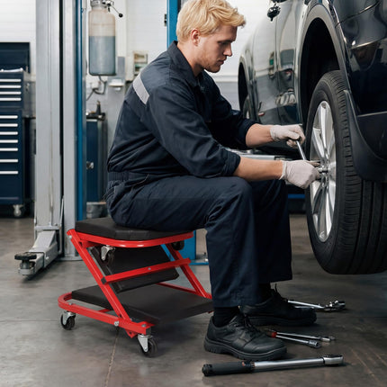 Goplus 2-in-1 Z-Shaped Rolling Garage Stool with Padded Seat & 6 Swivel Casters