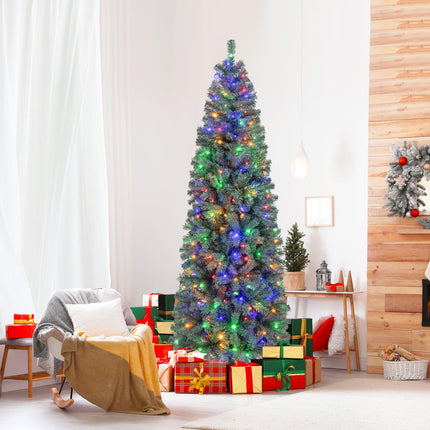 Goplus 7.5ft Pre-Lit Blue Slim Pencil Christmas Tree with 250 Warm White & Multicolored LED Lights, 9 Modes, 724 Branch Tips