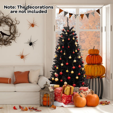 Goplus 6/7/8 FT Pre-Lit Black Halloween Tree, Artificial Hinged Christmas Tree with 280/380/500 Orange & Purple LED Lights