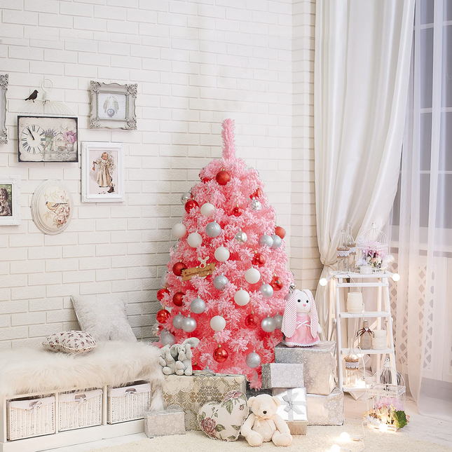 Goplus 4.5ft Pink Artificial Christmas Tree, Unlit Hinged Snow Flocked Xmas Tree w/ 348 PVC Branch Tips & Metal Stand - GoplusUS