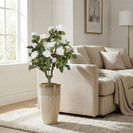 Goplus 31.5” Artificial Rose Flower Trees Set of 2 with Spikes 186 Leaves & 18 White Flowers