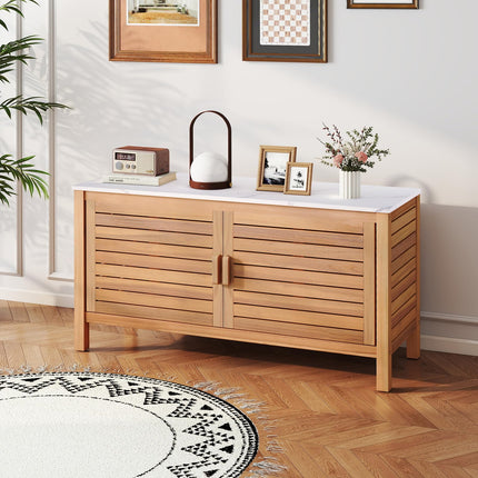 Goplus Patio 2-Door Acacia Wood Storage Cabinet with Faux Marble Top