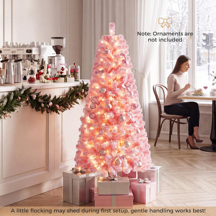 Goplus 5ft/6ft/7ft Pink Pre-Lit Flocked Christmas Trees | Holiday Decoration Tree for Home Office Party