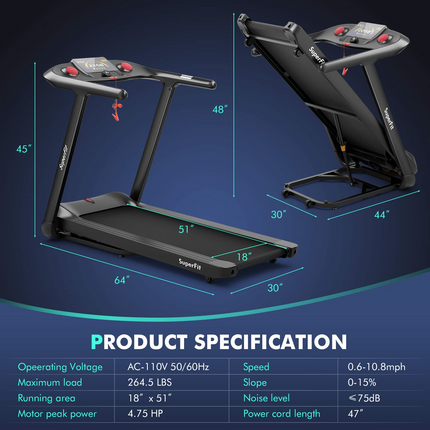Goplus 4.75HP Folding Treadmill with 15% Auto Incline, Electric Superfit Treadmill w/Voice and APP Control - GoplusUS