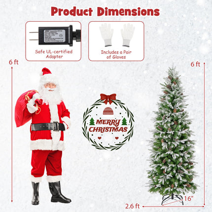 Goplus 6 FT Pre-Lit Pencil Christmas Tree, Artificial Snow Flocked Hinged Xmas Tree with 280 Warm-White LED Lights