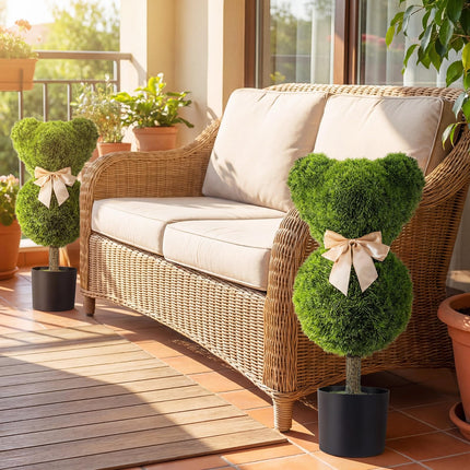 Goplus 2 Pcs Bear Topiary Trees with Pots 24.5" Sun-Resistant Bear-Shaped Faux Boxwood Plants