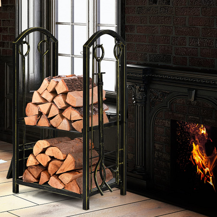 Goplus Firewood Rack with 4 Fireplace Tools, Wrought Iron Log Holders with Poker - GoplusUS