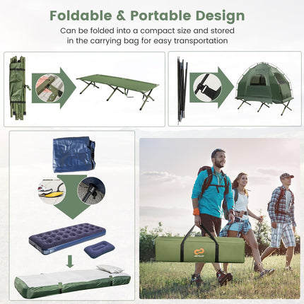 Goplus Camping Tent Cot, 5-in-1 Folding Camping Bed with Air Mattress, Pillow, Sleeping Bag, Waterproof Elevated Tent Shelter