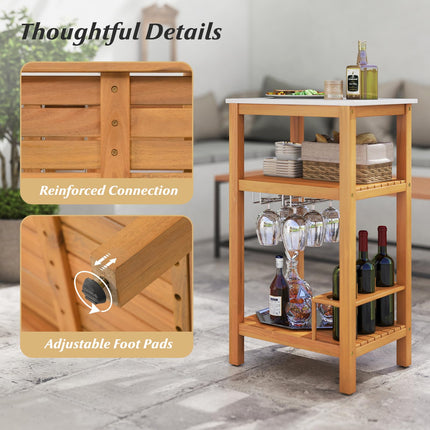 Goplus 3-Tier Acacia Wood Outdoor Kitchen Organizer with Glass & Wine Holders