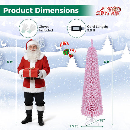 Goplus 6 FT/7 FT Pink Flocked Pre-Lit Pencil Christmas Tree | Slim Decoration Tree for Home Office