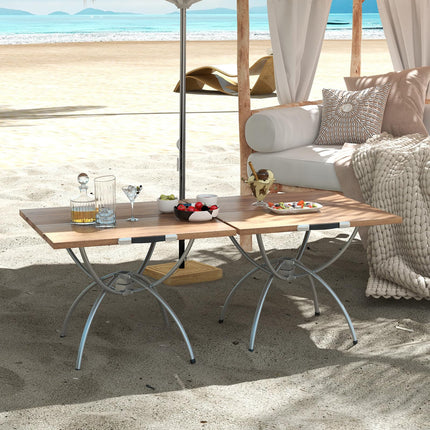 Goplus Aluminum Camping Table, 2 PCS Folding Picnic Tables w/Extendable Design, Wood-Grain Tabletop