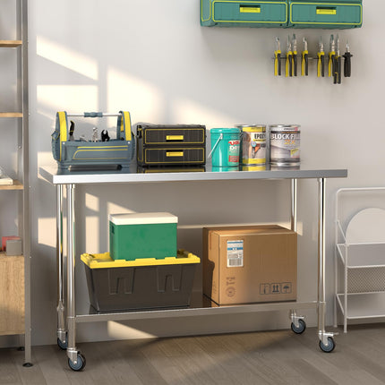 Goplus Stainless Steel Table with Wheels, 60” x 24” Rolling Kitchen Prep Table Work Table with Height Adjustable Under Shelf