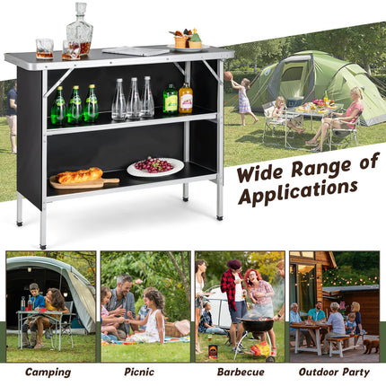 Goplus Folding Camping Table, Aluminum Portable Pop-Up Bar Table with 2-Tier Storage Shelves