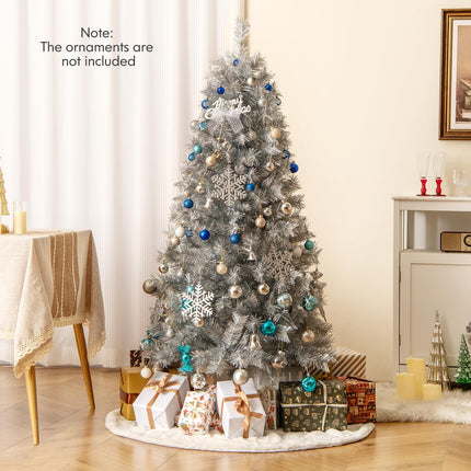 Goplus 5ft / 6ft /7ft  Pre-Lit Christmas Tree with Silver Tinsel Leaves & Upgraded Metal Stand
