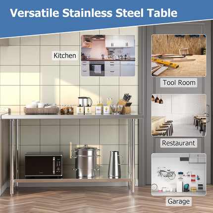 Goplus Stainless Steel Table, 24 x 60 Inches Kitchen Prep & Work Table w/Adjustable Undershelf & Footpads