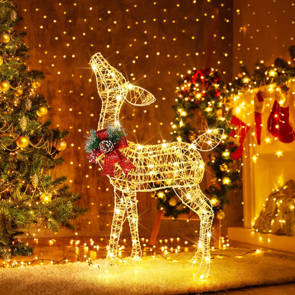 Goplus Christmas Pre-Lit Reindeer, Lighted Baby Deer w/ 50 Warm White LED Lights & Red Bow