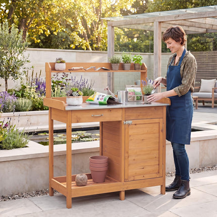 Goplus Garden Potting Bench Table with Stainless Steel Tabletop (44" x 18" x 49")