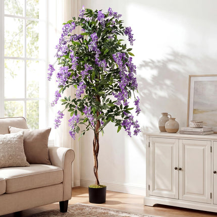 Goplus 6FT Ficus Artificial Tree Faux Wisteria Tree in Nursery Pot with Purple Lifelike Flowers