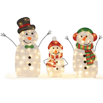 Goplus 3 Pcs Christmas Snowman Decorations, Pre-lit 2D Outdoor Snowman Family with Warm White Lights