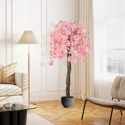 Goplus 5.5FT Artificial Cherry Blossom Tree Faux Floral Plant Blooming Tree in Nursery Pot