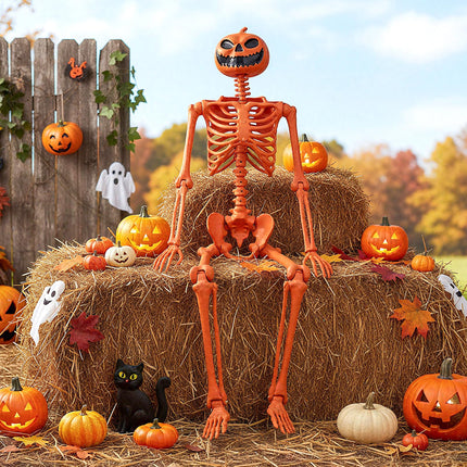 Goplus 5.2 Ft Life-Size Posable Skeleton with Pumpkin Head Halloween Orange Skeleton Decoration